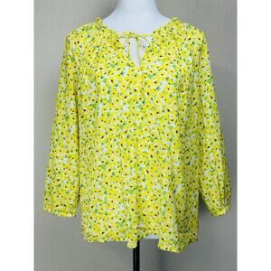 LOFT Yellow Floral Clip Tie Neck Blouse Ruffle Flowy Boho Large Peasant